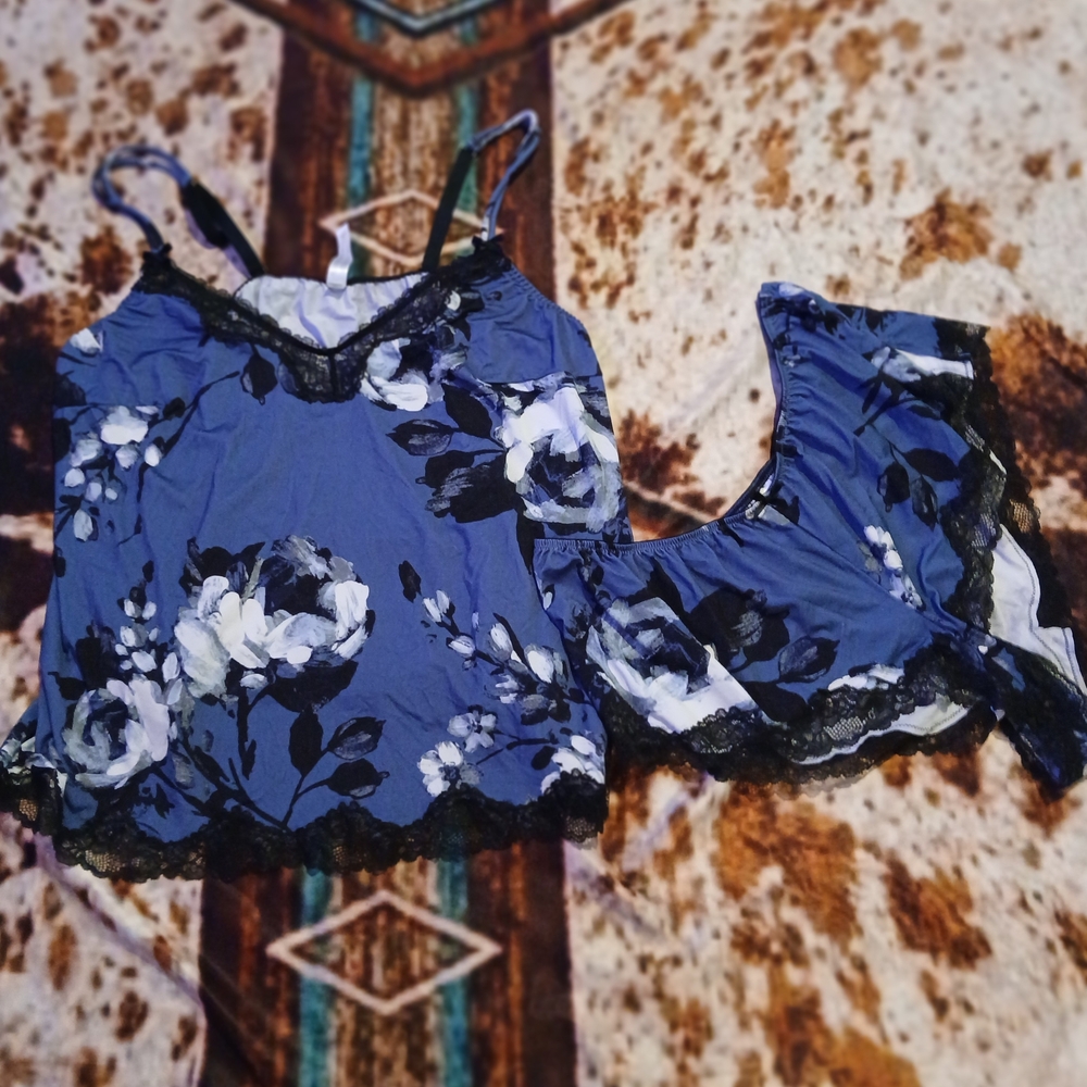 Cacique Floral Lace Trim Sleepwear Set - Blue and Black